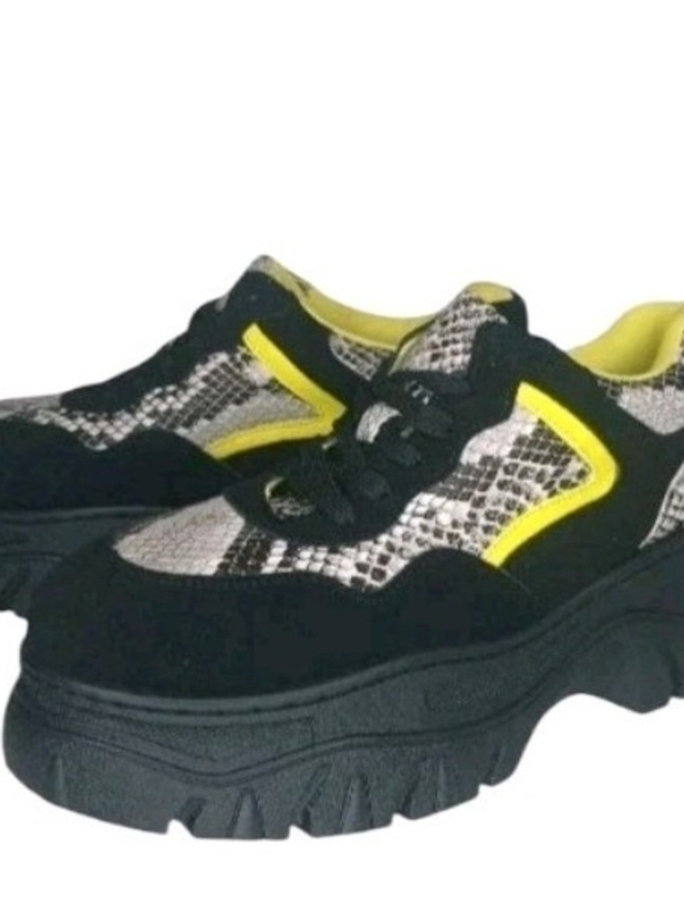 Women's Black & Yellow Chunky Sneaker with Snakeskin Accent - Picture 4 of 5